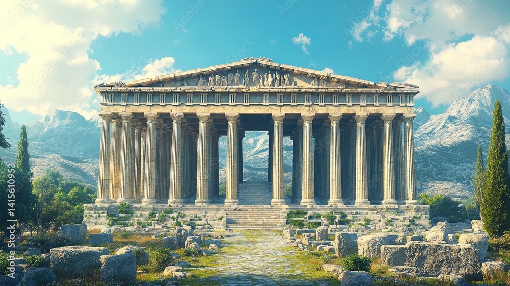 Fototapeta premium Ancient Temple Ruins with Mountain Backdrop