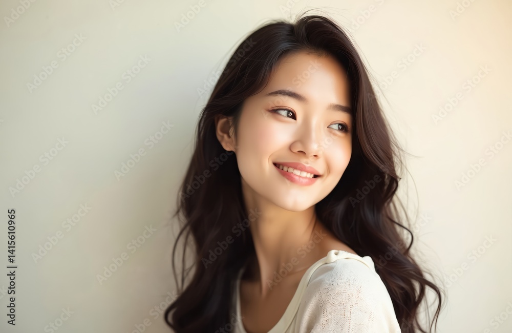 Young asian woman with perfect skin smiling. Beautiful model with long dark hair. Portrait of female with clear skin, healthy teeth. Clean skincare concept. Young asian woman with perfect skin smiling. Beautiful model with long dark hair. Portrait of female with clear skin, healthy teeth. Clean skincare concept.