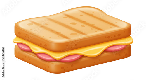 A perfectly toasted grilled cheese sandwich, oozing melted cheese and savory ham, a delightful midday snack with vibrant, warm colors and a glossy finish.