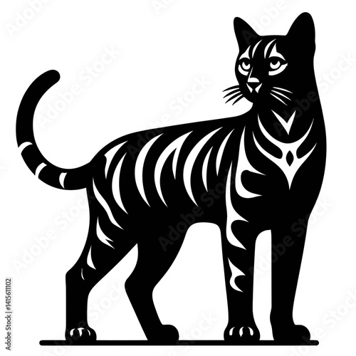 Bengal Cat Silhouette Vector in Black on White Background – Tribal Style Minimalist Art