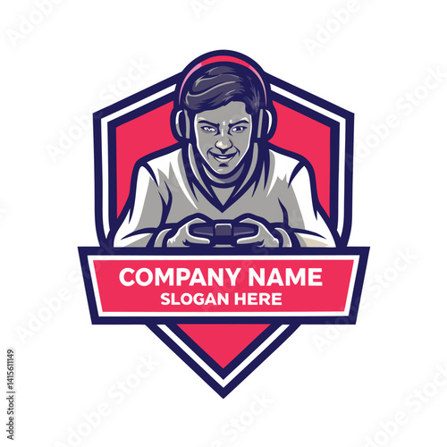 Gaming logo with a smiling gamer wearing headphones and holding a controller