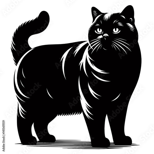 Elegant British shorthair Feline: A striking monochrome illustration of a sleek black cat, captured in a moment of poised elegance and feline grace.
