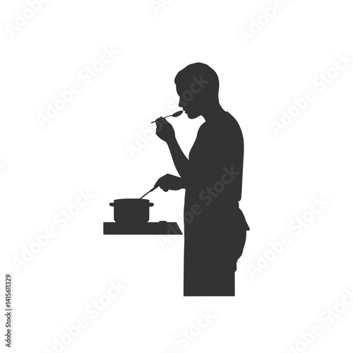 Person Mindfully Tasting Food While Cooking Silhouette Vector