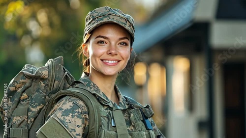 Smiling female soldier in camouflage uniform with backpack outdoors at military base