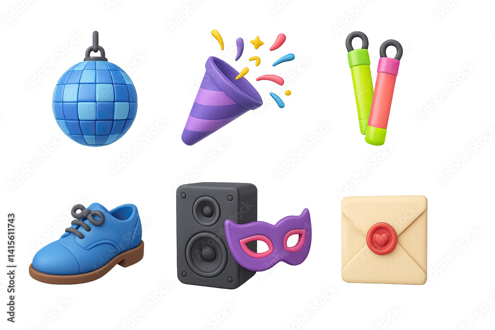 3D icon set of party vibes: disco light, confetti cannon, plastic cup, glow sticks, dance shoes, music speaker, party mask, invitation card. 3d icon. Generated icons set of 3d style in a modern