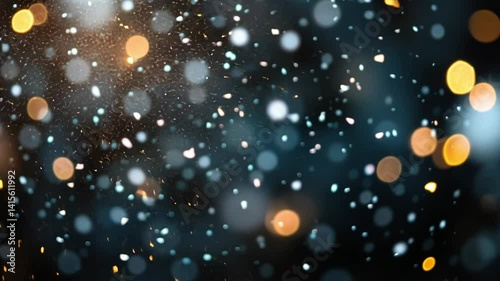 Glowing bokeh lights in dark festive background with floating gold and white particles