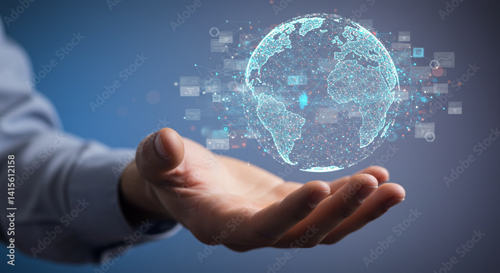 Fototapeta premium Content Management. Hand of man holding a global digital network connection, data-driven content distribution platform integration, cloud-based collaboration enhancing efficient workflow management