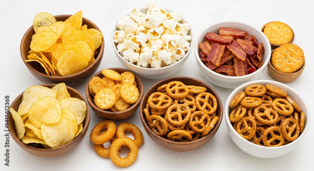 A tempting spread of crunchy potato chips, buttery popcorn, crispy pretzels, and savory bacon bits, all nestled in rustic wooden bowls, creating a delightful snack scene. A tempting spread of crunchy potato chips, buttery popcorn, crispy pretzels, and savory bacon bits, all nestled in rustic wooden bowls, creating a delightful snack scene.