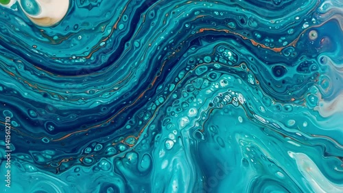 Abstract blue fluid art background with marble-like texture and organic paint pattern