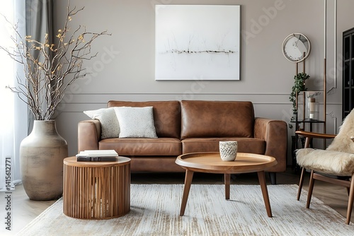 Stylish Living Room with Brown Leather Sofa,Wooden Tables and Light Rugs and Decor