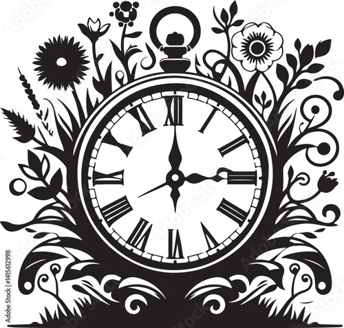 Vintage clock with Roman numerals. Antique time design. Old wall clock face design