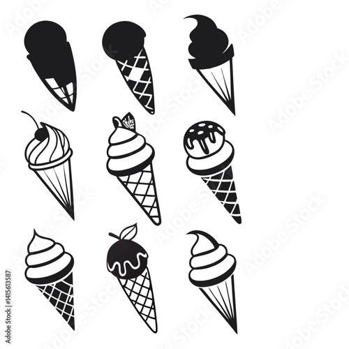 A vector set of 12 different ice cream cone styles, showcasing a variety of creative designs
