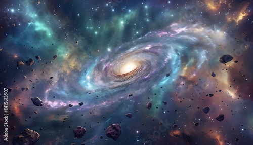 Luminous Galaxy in Cosmic Splendor with Colorful Nebula and Asteroids