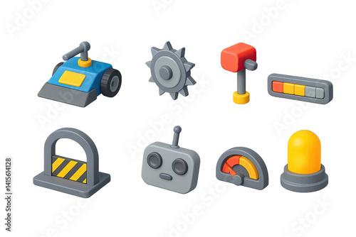 3D icon set of robot battle arena: battle bot, spiked wheel, hammer arm, energy bar, arena gate, remote control, damage meter, victory light. 3d icon. Generated icons set of 3d style in a modern