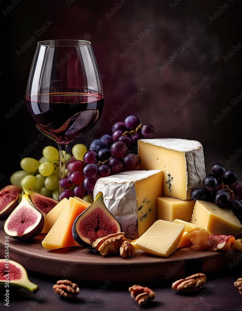 Feine Käseplatte mit Rotwein und Trauben Feine Käseplatte mit Rotwein und Trauben