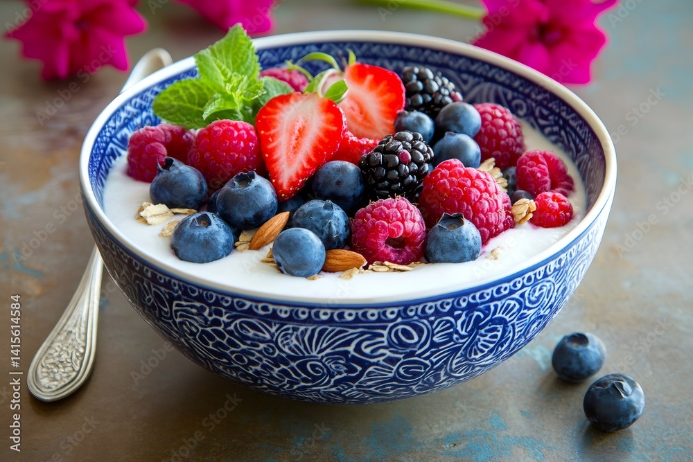 Yogurt decorated with berries, almonds and mint leaves in elegant bowl Yogurt decorated with berries, almonds and mint leaves in elegant bowl