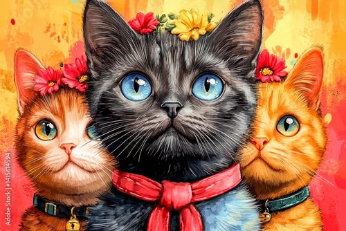 Colorful kittens with flower crowns and collars sitting together in a whimsical setting