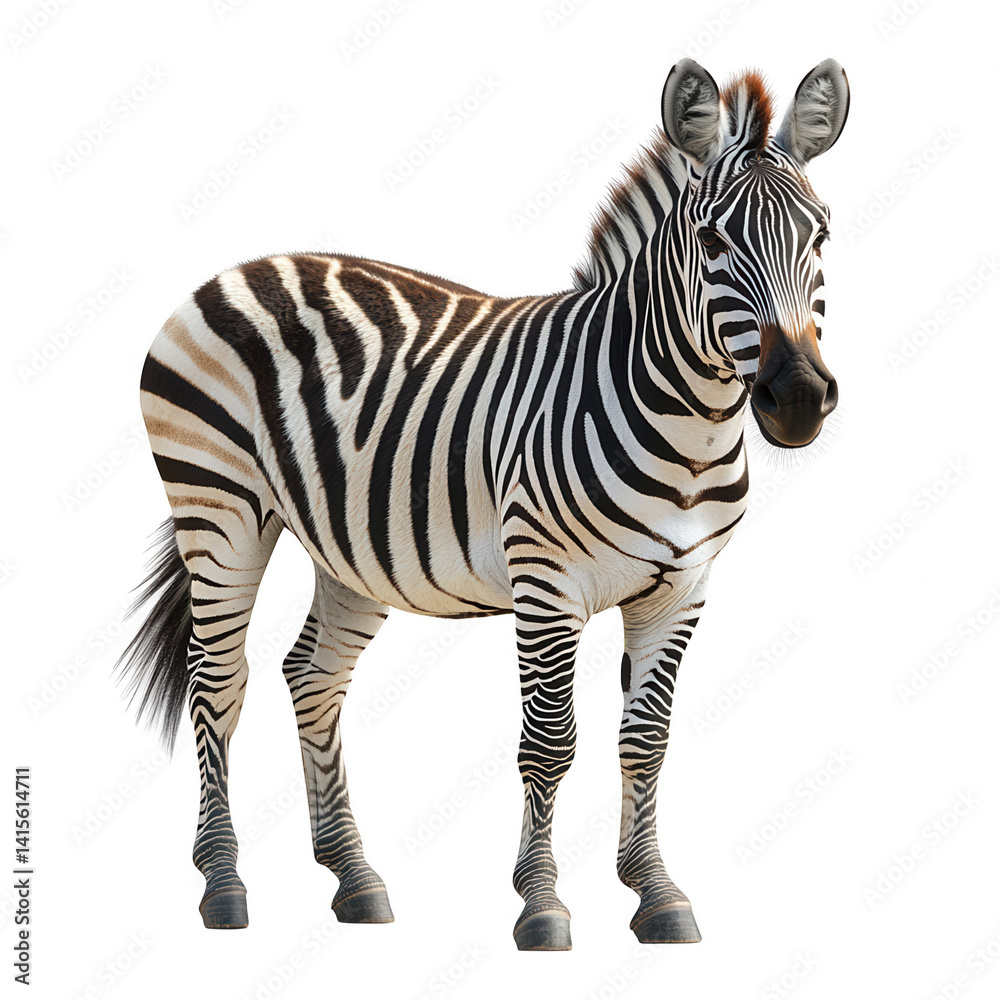 Fototapeta premium Isolated zebra standing portrait wildlife animal black and white stripes on transparent background