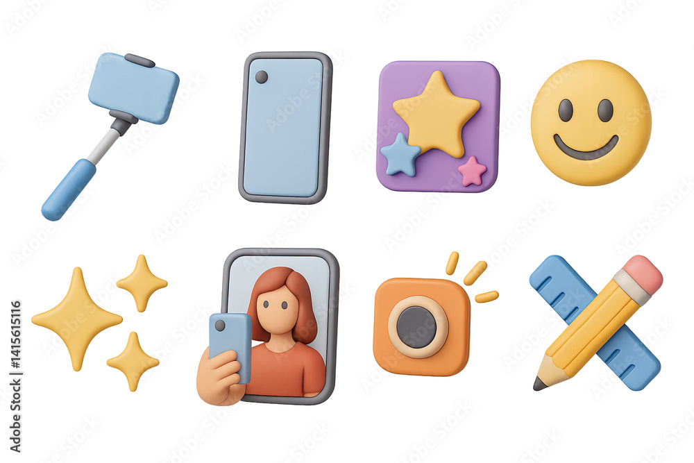 3D icon set of selfie moments: selfie stick, phone camera, filter icon, smile emoji, background lights, mirror shot, snap sound, edit tools. 3d icon. Generated icons set of 3d style in a modern
