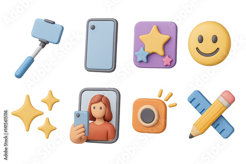 Obraz na płótnie 3D icon set of selfie moments: selfie stick, phone camera, filter icon, smile emoji, background lights, mirror shot, snap sound, edit tools. 3d icon. Generated icons set of 3d style in a modern w salonie