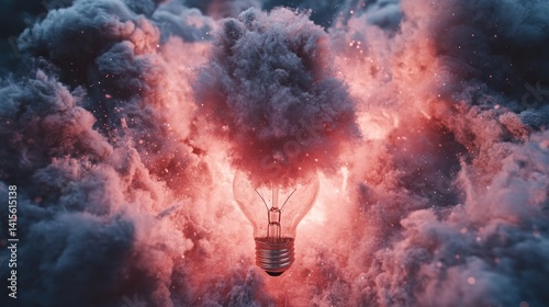 Illuminated bulb amidst a dramatic cloud of smoke and sparks.  A glowing light source, enclosed in a fluffy cloud, radiates warmth and energy