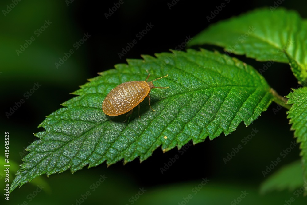 A tick resting on a green leaf, showcasing the natural habitat of this parasite. Ideal for nature, wildlife, and health-related visuals A tick resting on a green leaf, showcasing the natural habitat of this parasite. Ideal for nature, wildlife, and health-related visuals