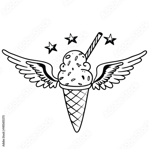 Hand sketched line art of fantasy ice cream with magical elements, blending whimsy and imaginative design