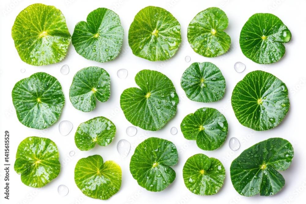 A collection of Centella Asiatica leaves with raindrops isolated on a plain white background. Ideal for botanical, herbal, and skincare-themed visuals A collection of Centella Asiatica leaves with raindrops isolated on a plain white background. Ideal for botanical, herbal, and skincare-themed visuals