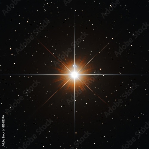 A single star shining brightly in the night sky, its light radiating outward through the blackness of space. The stars around it form many small and large constellations.