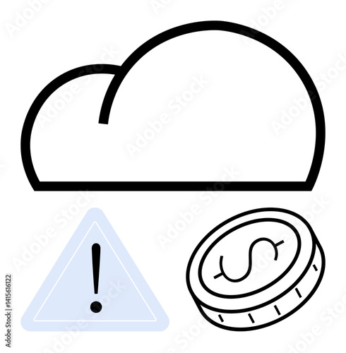 Cloud outline with alert triangle and dollar coin suggesting financial and security risks in cloud computing. Ideal for technology, security, finance, warning, data safety, cloud costs, simple