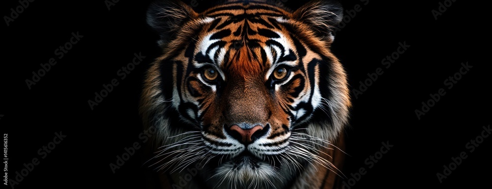 Fototapeta premium Tiger face portrait with dark background showing orange and black stripes.