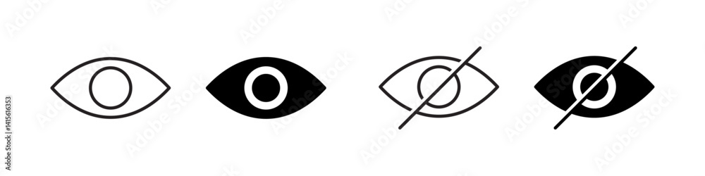 Eye Icons Vector Set, Black Silhouettes with Pupil, Crossed-out Eye for Privacy, Seen/Unseen, Show/Hide, and Vision Symbol Designs on White Background. Eye Icons Vector Set, Black Silhouettes with Pupil, Crossed-out Eye for Privacy, Seen/Unseen, Show/Hide, and Vision Symbol Designs on White Background.