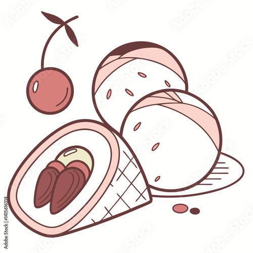 Outlined drawing of a mochi ice cream ball cut in half, highlighting its soft, textured layers