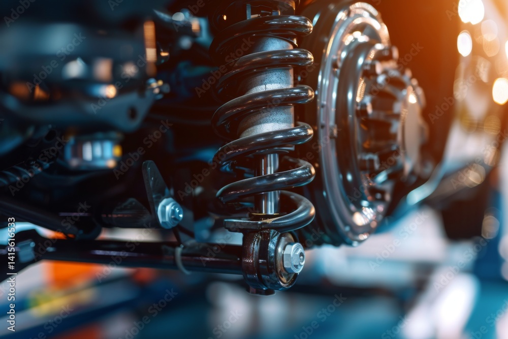 Fototapeta premium The structure of the modern car. Rear suspension. Shock absorber. Spring suspension
