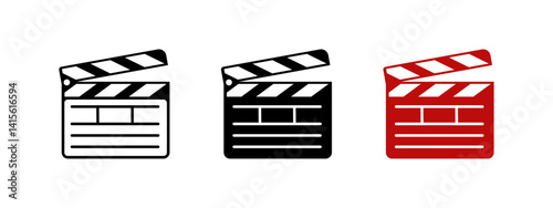 Film clapper board icon representing a movie, film production, video creation, filming industry, video editing, and media production process used in the entertainment sector, film studio.