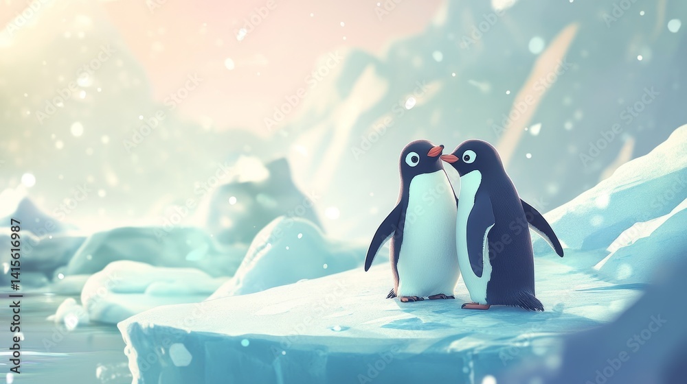Obraz premium A penguin couple cuddling in an icy landscape, heartwarming moment 