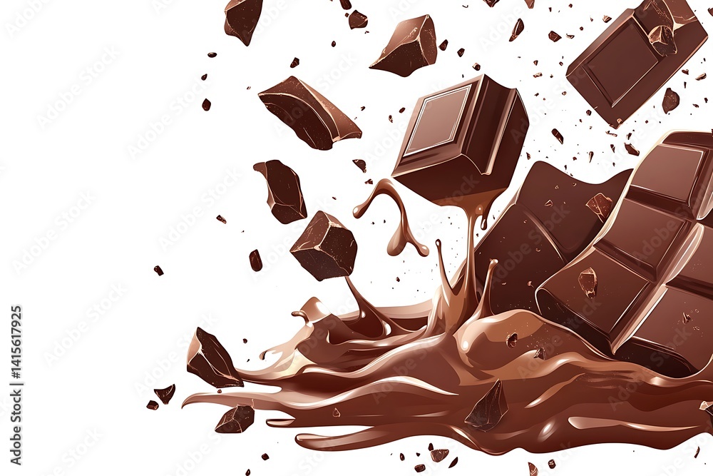 Fototapeta premium Chocolate Chunks with Splash of Melted Chocolate on a White Background, Sweet Design