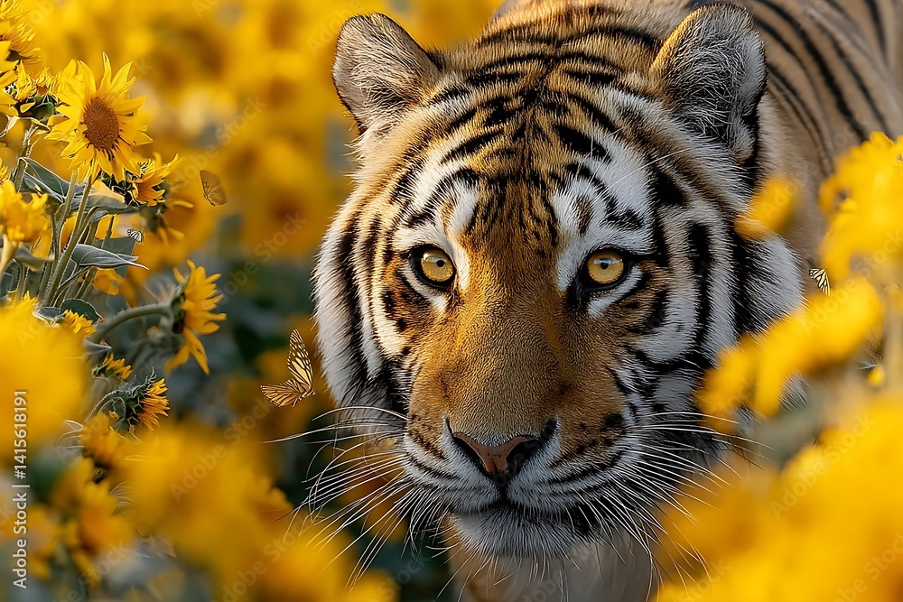 Obraz premium Tiger Lying in Yellow Blossoms – Calm and Regal in Nature 