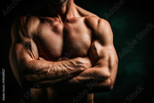 Close-up shot capturing the powerful physique of a muscular man with defined chest and arms, arms crossed, against a dark background emphasizing strength and fitness.