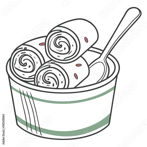 Vector line drawing of a rolled ice cream cup with swirls, toppings, and a spoon inside