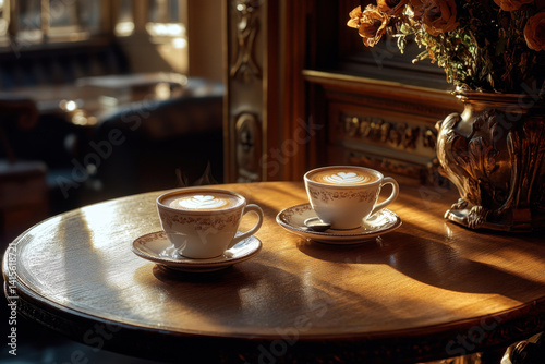 cups of coffee on a rustic wooden table, surrounded by books and a plant. Sunlight through a window adds a warm, cozy ambiance.