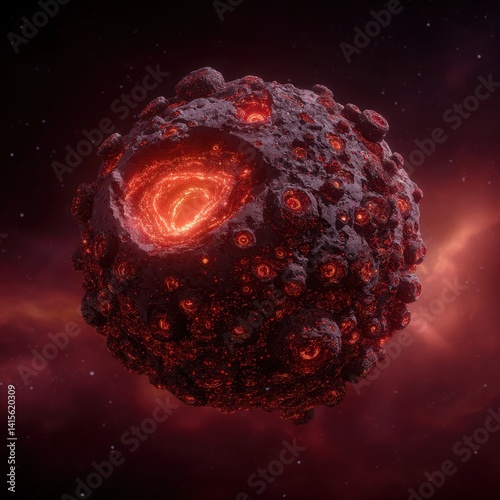 Alien volcanic planet with numerous molten craters, glowing ominously against a backdrop of interstellar dust and distant stars.