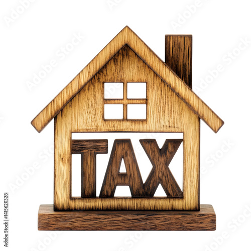 A wooden house in the center with the word 