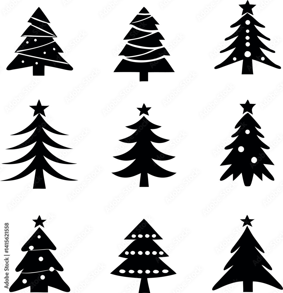 Obraz premium Christmas trees silhouette set vector art illustration.