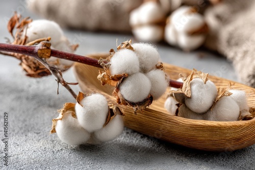 A close-up shot of cotton flowers placed in a wooden bowl on a textured gray surface, highlighting the natural beauty and delicate texture of the plant fibers. photo