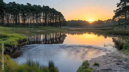 Tranquil sunset over a serene lake reflecting trees and sky fringed by grassy banks and sandy shore Peaceful and pict