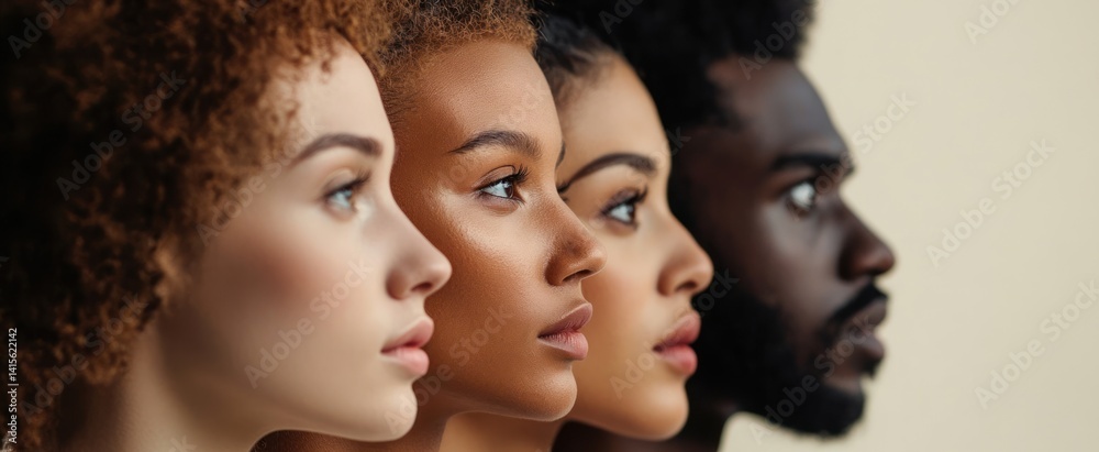 Obraz premium Faces of diverse people in a row all looking toward same direction