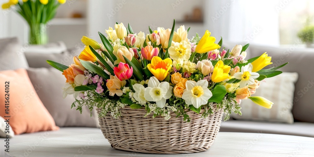 Colorful flower basket arrangement brightens up any space. Vibrant tulips and daffodils create a cheerful atmosphere. Perfect decor for events or home. Fresh and lively. AI