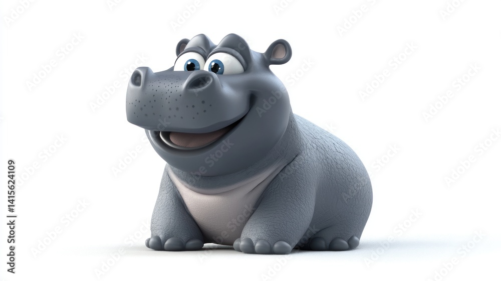 Smiling hippo plush for newborns 3d rendering isolated on white background. Cartoon plastic style icon