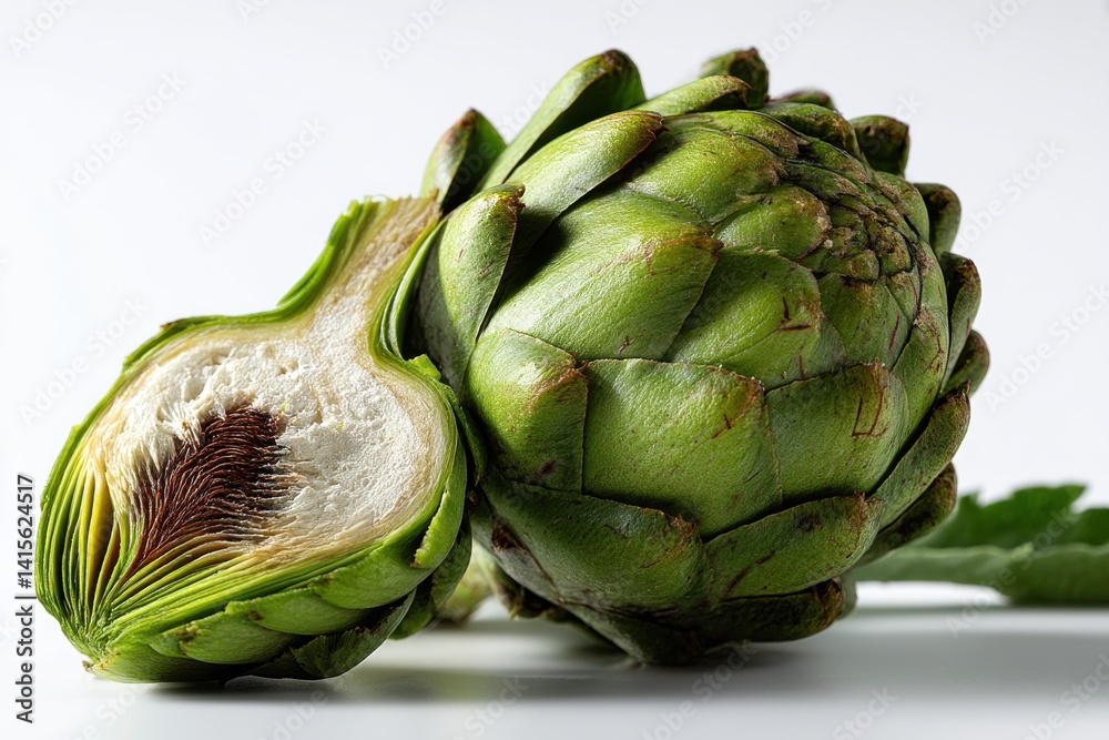 Obraz premium Close-up of an artichoke, halved to reveal its internal structure, against a clean white background, showcasing the vibrant green exterior and intricate textures.
